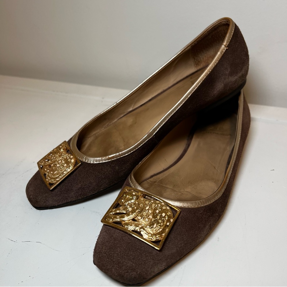 Lilly Pulitzer Brown Suede Flats with Gold Buckle Detail